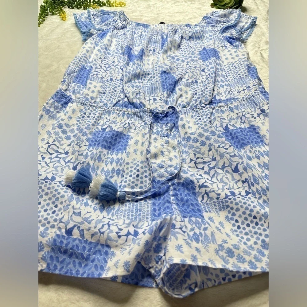 Vineyard Vines Painted Patchwork Ruffle Off The Shoulder Romper in Hydrangea L